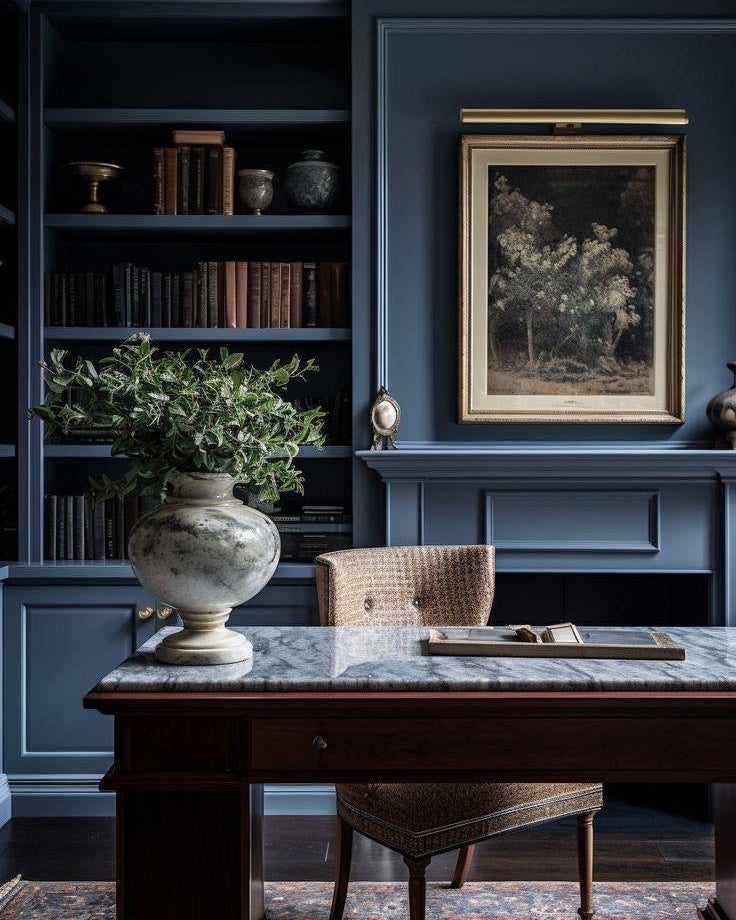 Dark blue office with a desk, chair, and framed artwork on the wall.