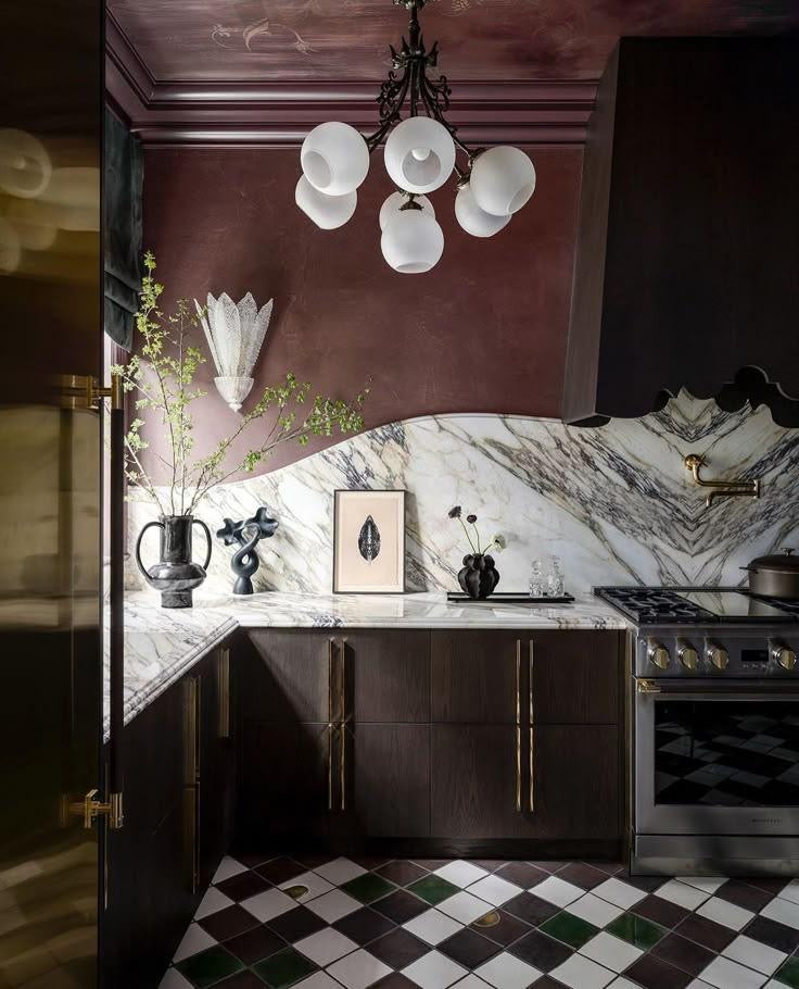 Modern kitchen with marble backsplash, dark wood cabinets, and checkered floor.